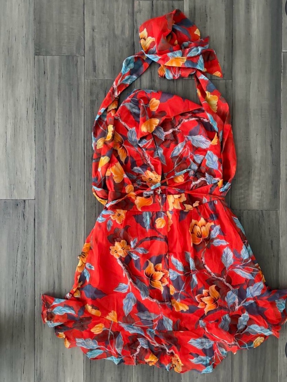 Angel Biba Red Halter Dress with Yellow & Blue Floral Print